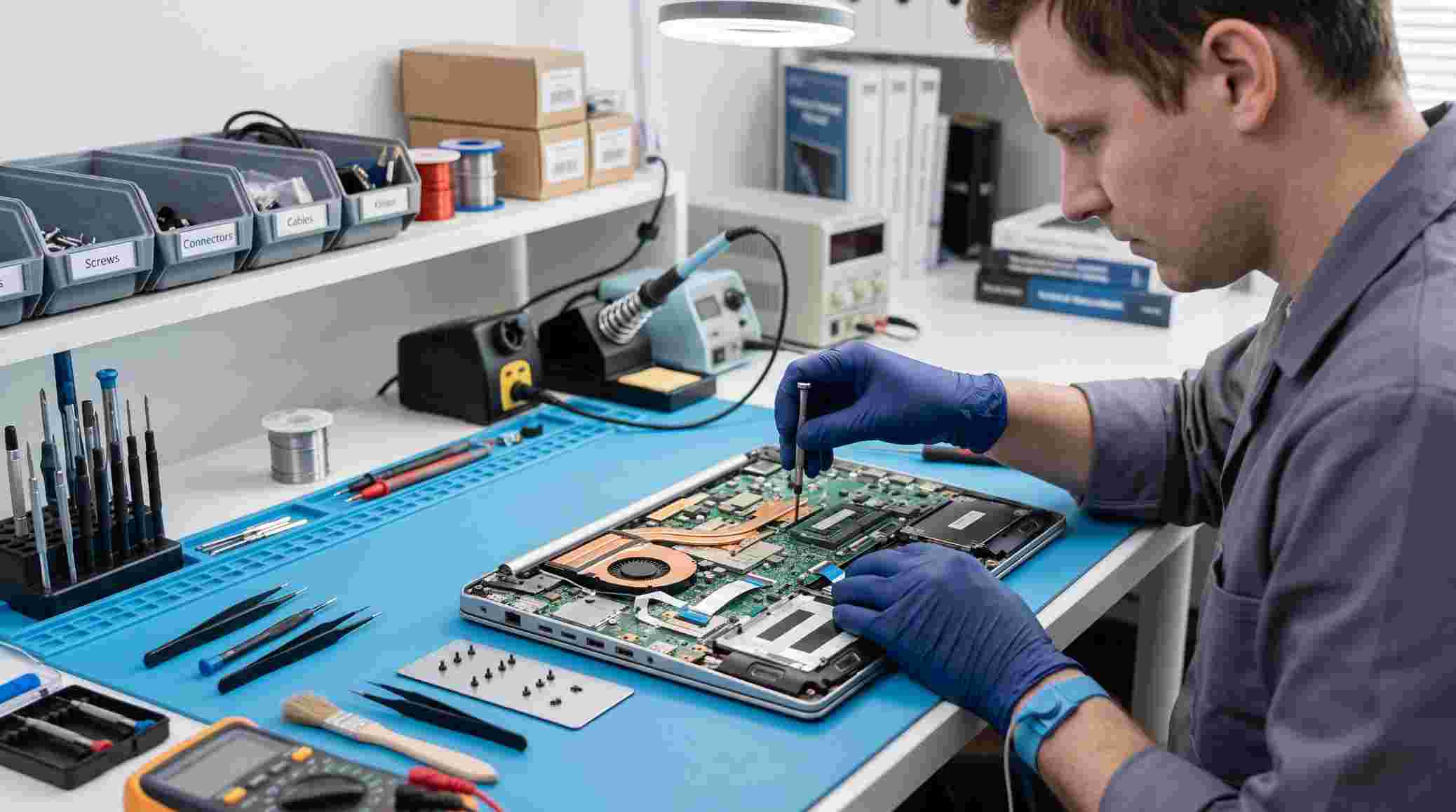 Electronics technician wearing an ESD wrist strap while working on a circuit board
