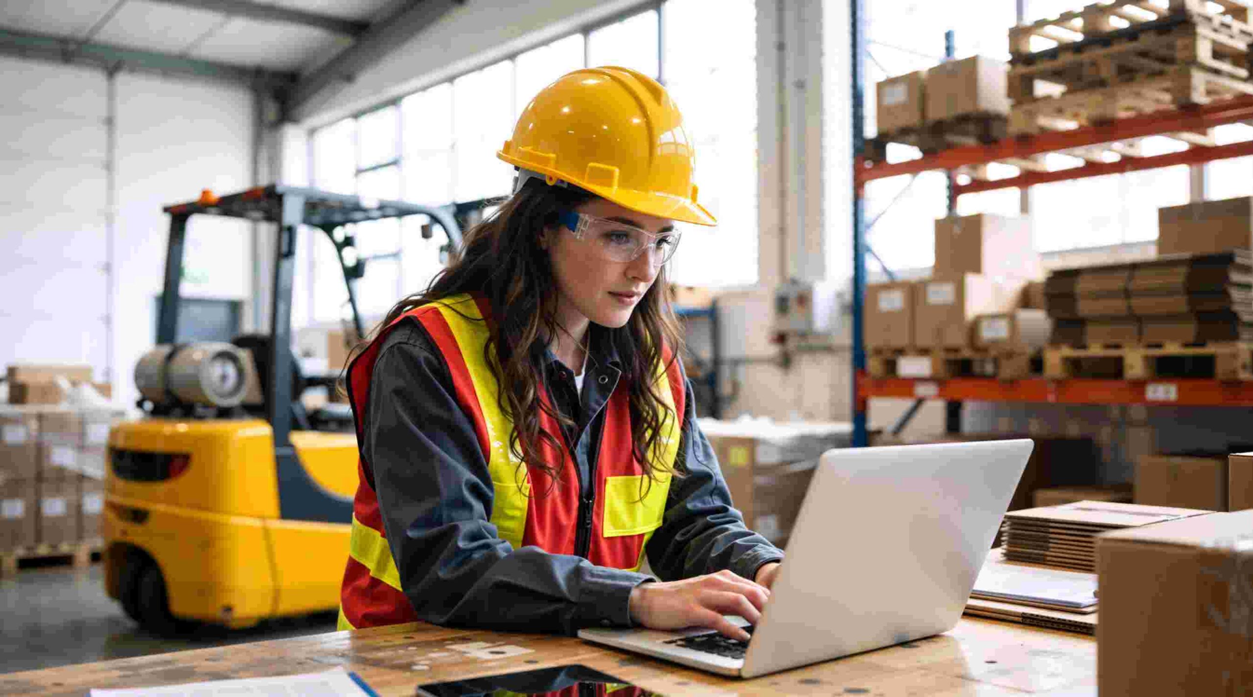 Female warehouse manager working on a laptop. Young woman in hard hat and safety vest checking inventory in a distribution center