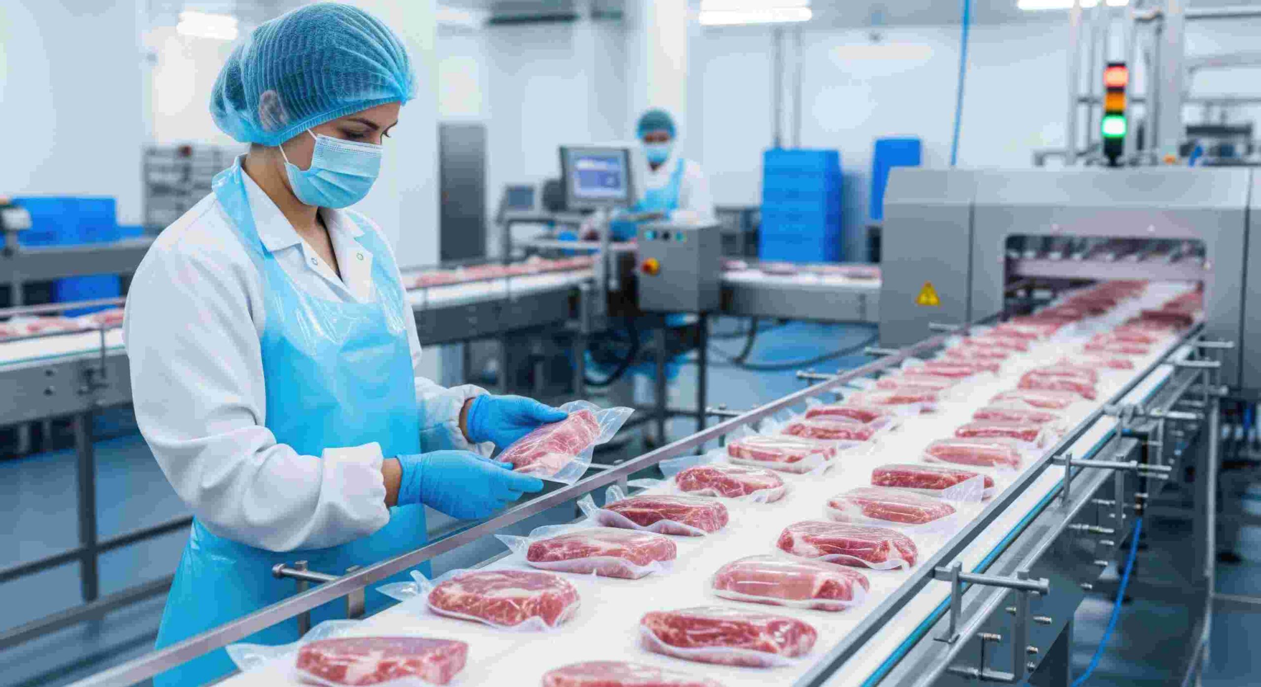 Food production worker in hairnet, mask, and gloves hand-packaging fresh meat trays on a factory conveyor line