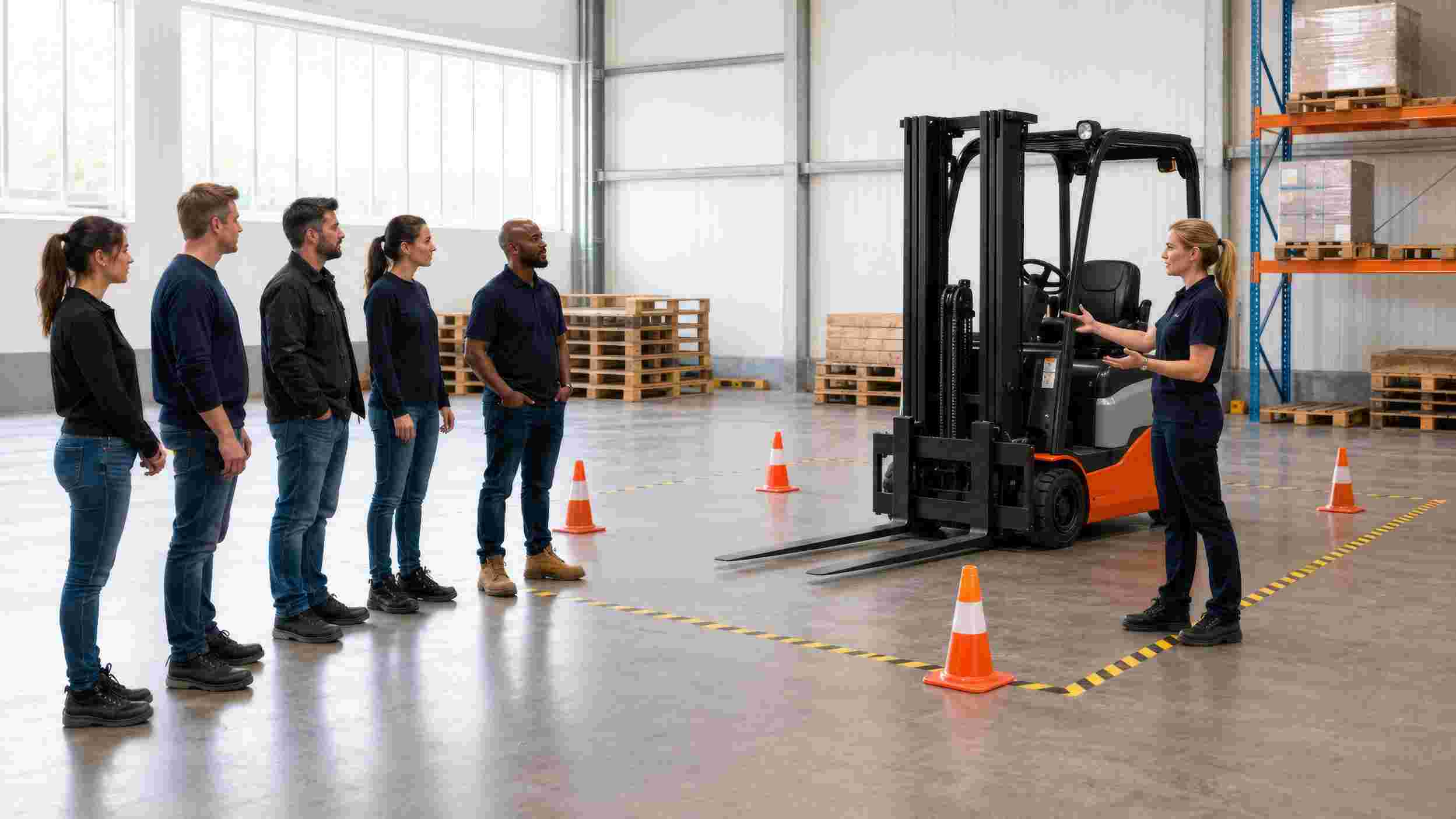 Forklift trainer briefing a group of trainees beside a marked training course