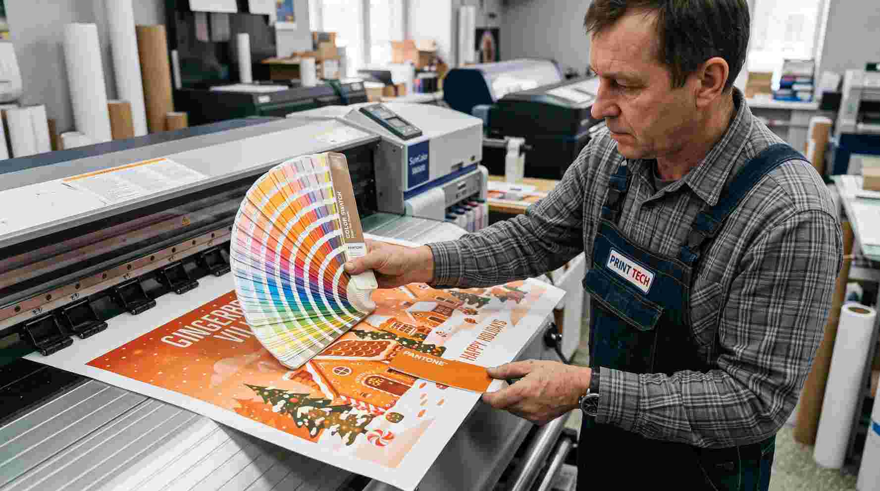 Print technician checking color accuracy with a Pantone swatch against a printed proof