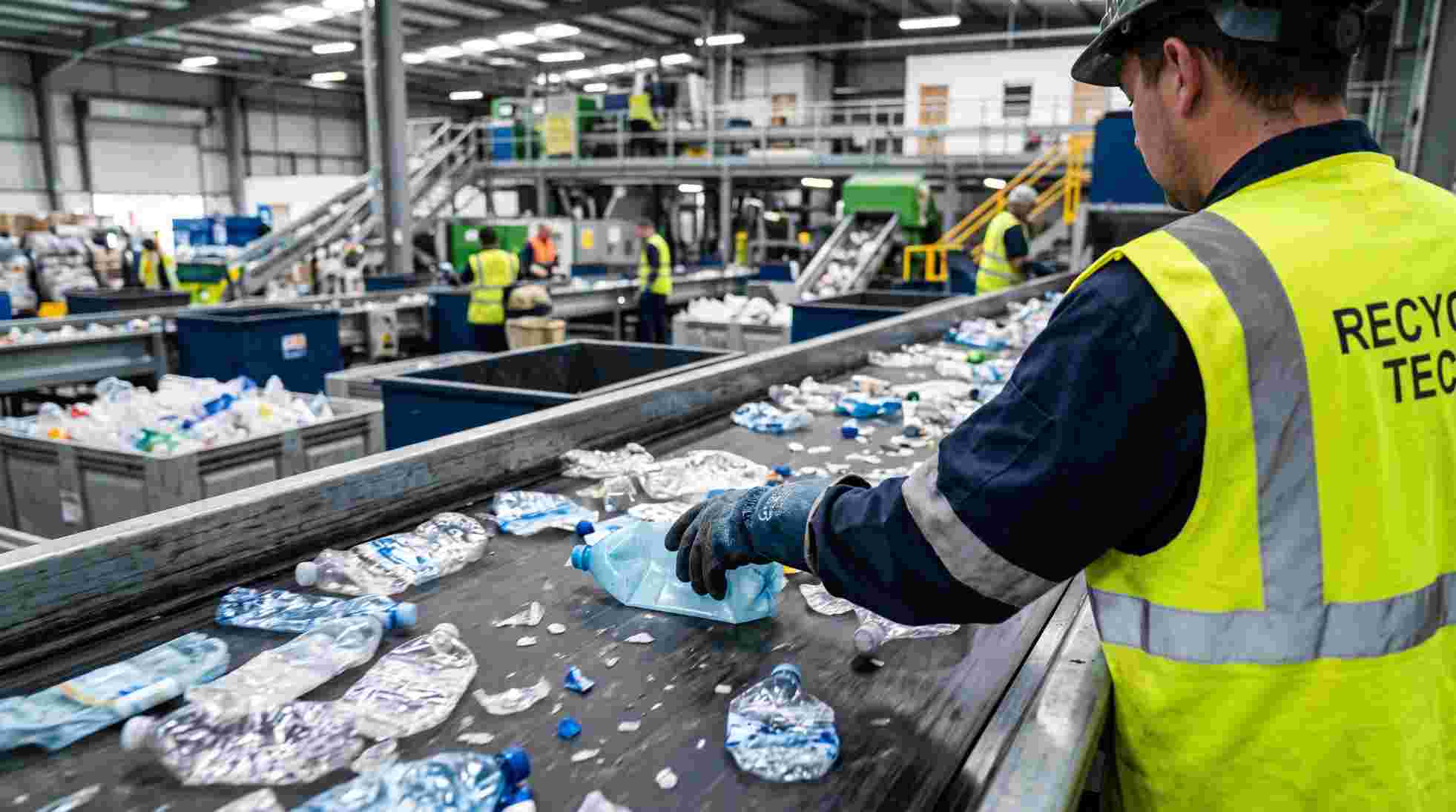 Recycling technician sorting materials from a conveyor belt at a material recovery facility