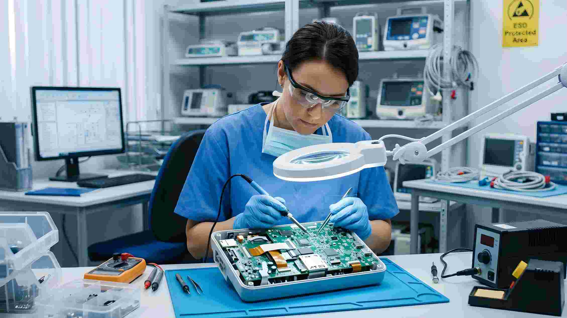 Technician in ESD-safe garment repairing a circuit board inside a protected work area