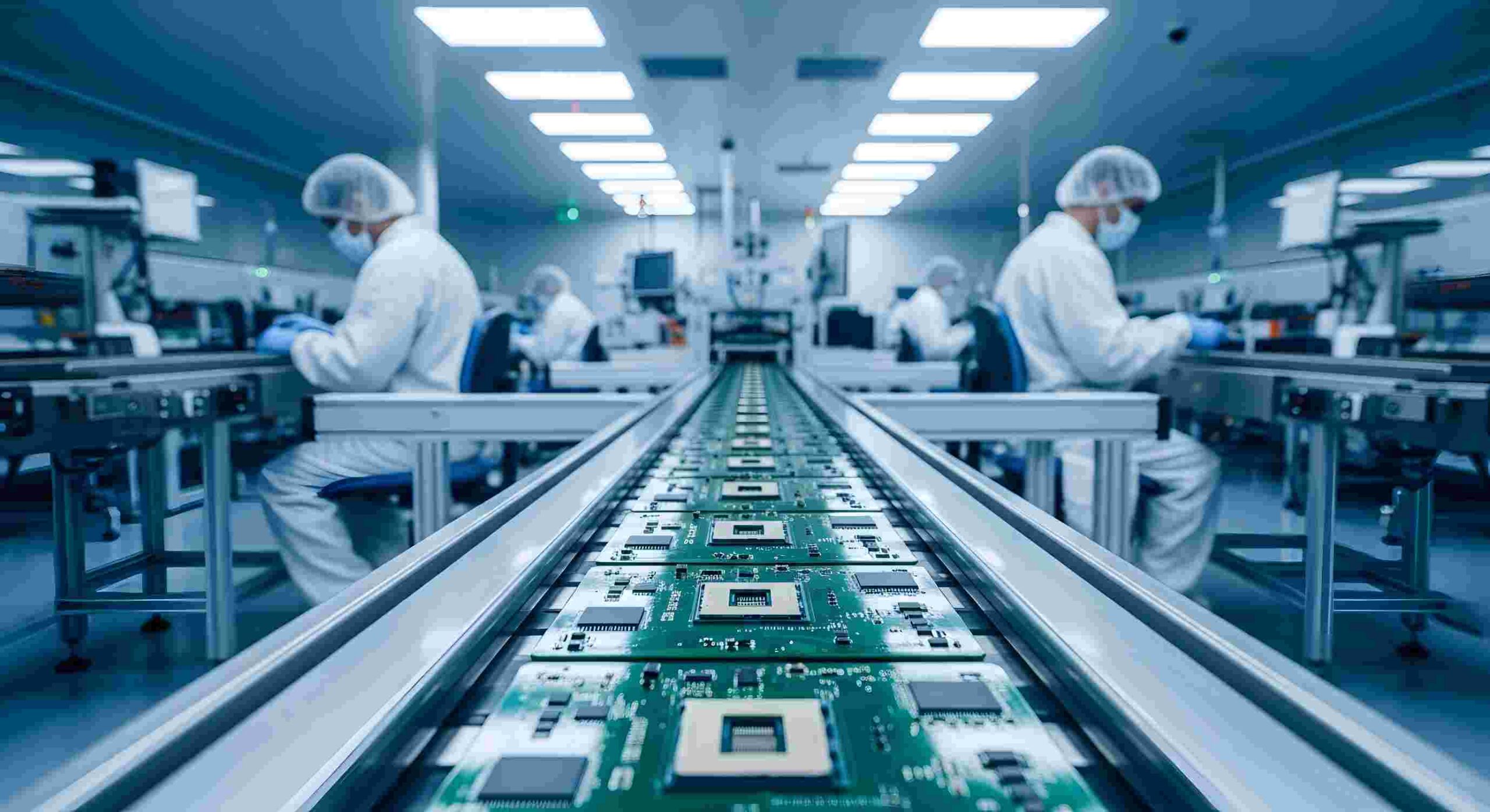 Technicians in cleanroom coveralls monitoring a circuit board production line