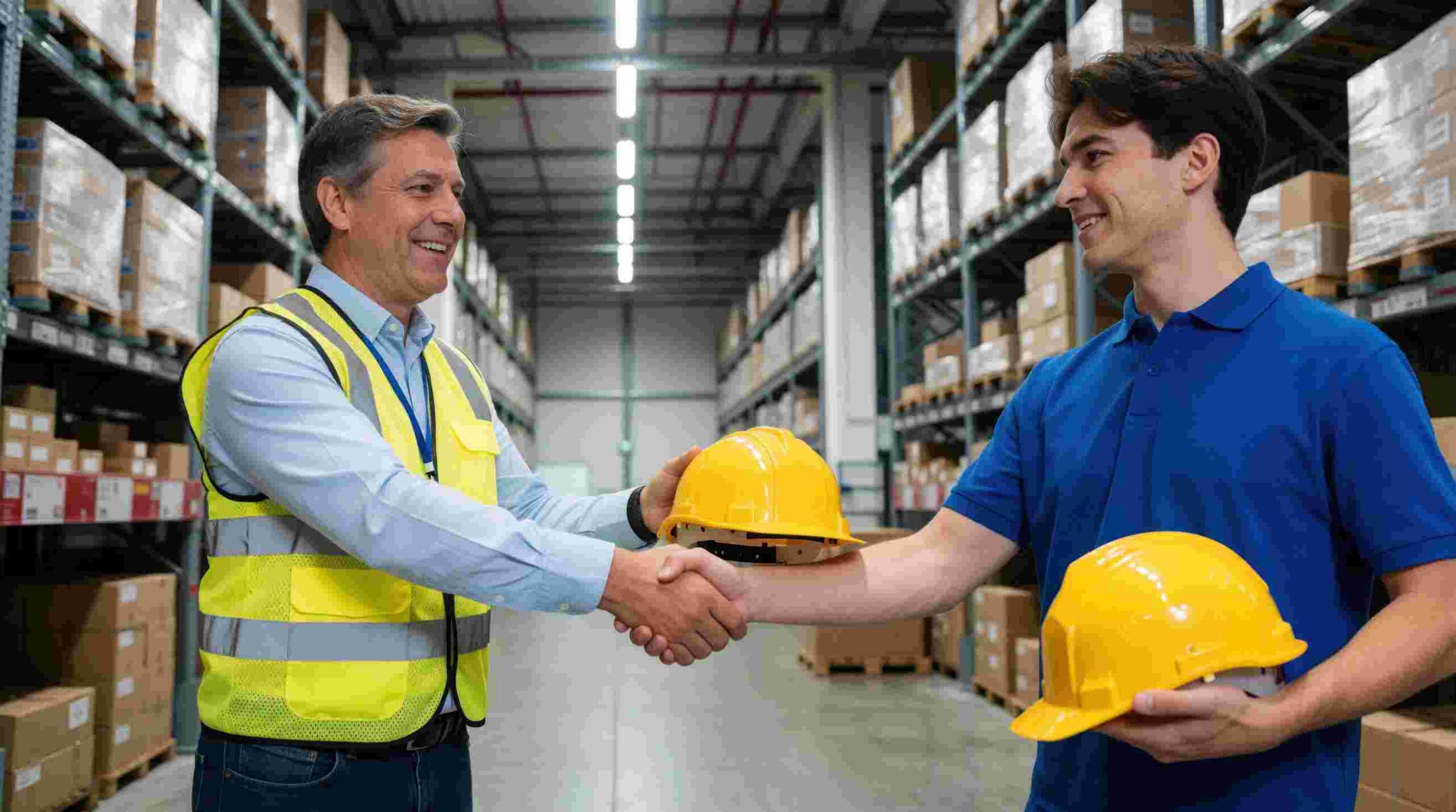 Warehouse supervisor shaking hands with a new hire holding a hard hat