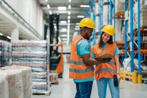 diverse warehouse staff reviewing inventory data with technology support