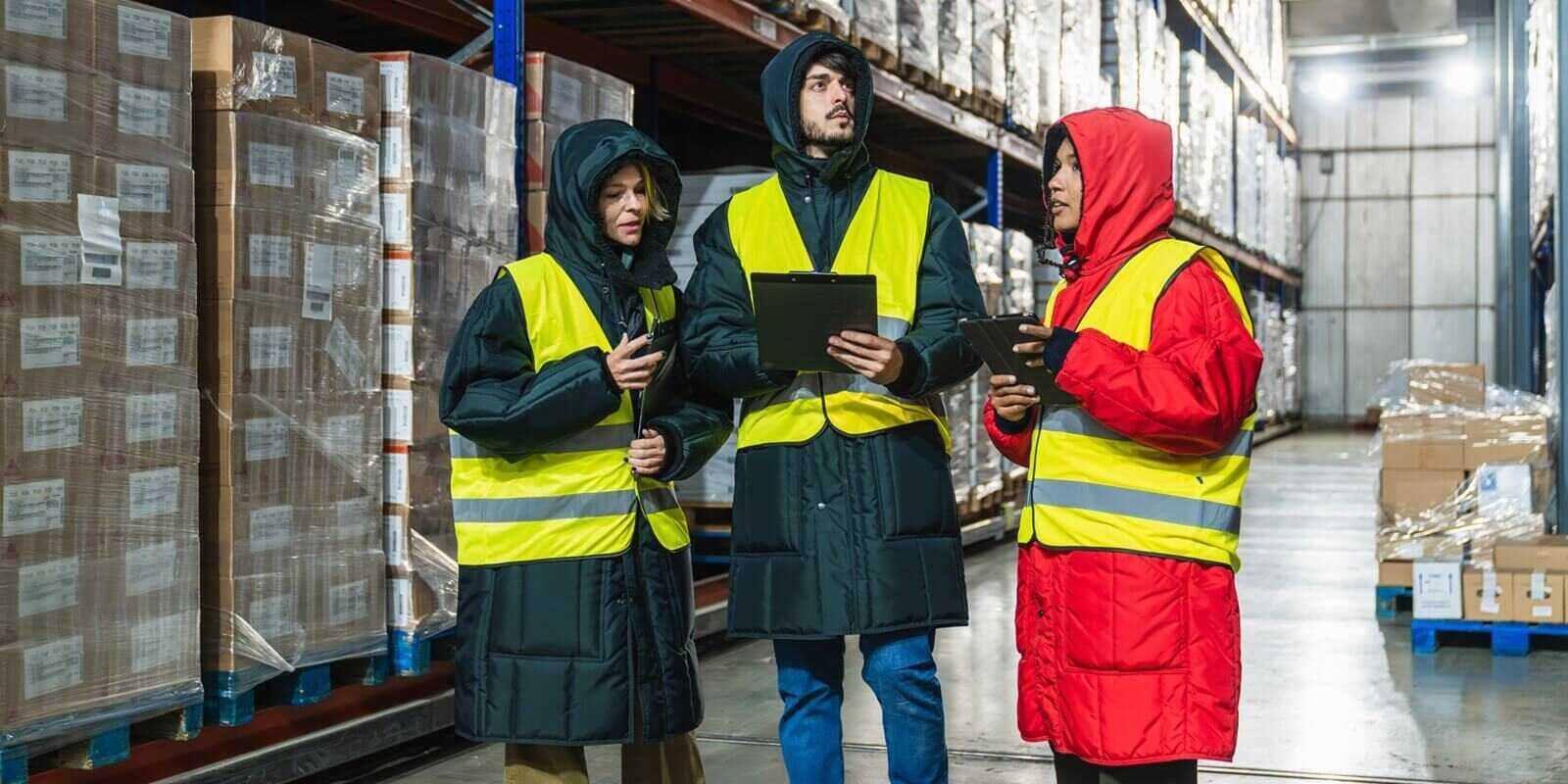 logistics team discussing inventory management and cold chain operations in a low temperature industrial freezer warehouse facility