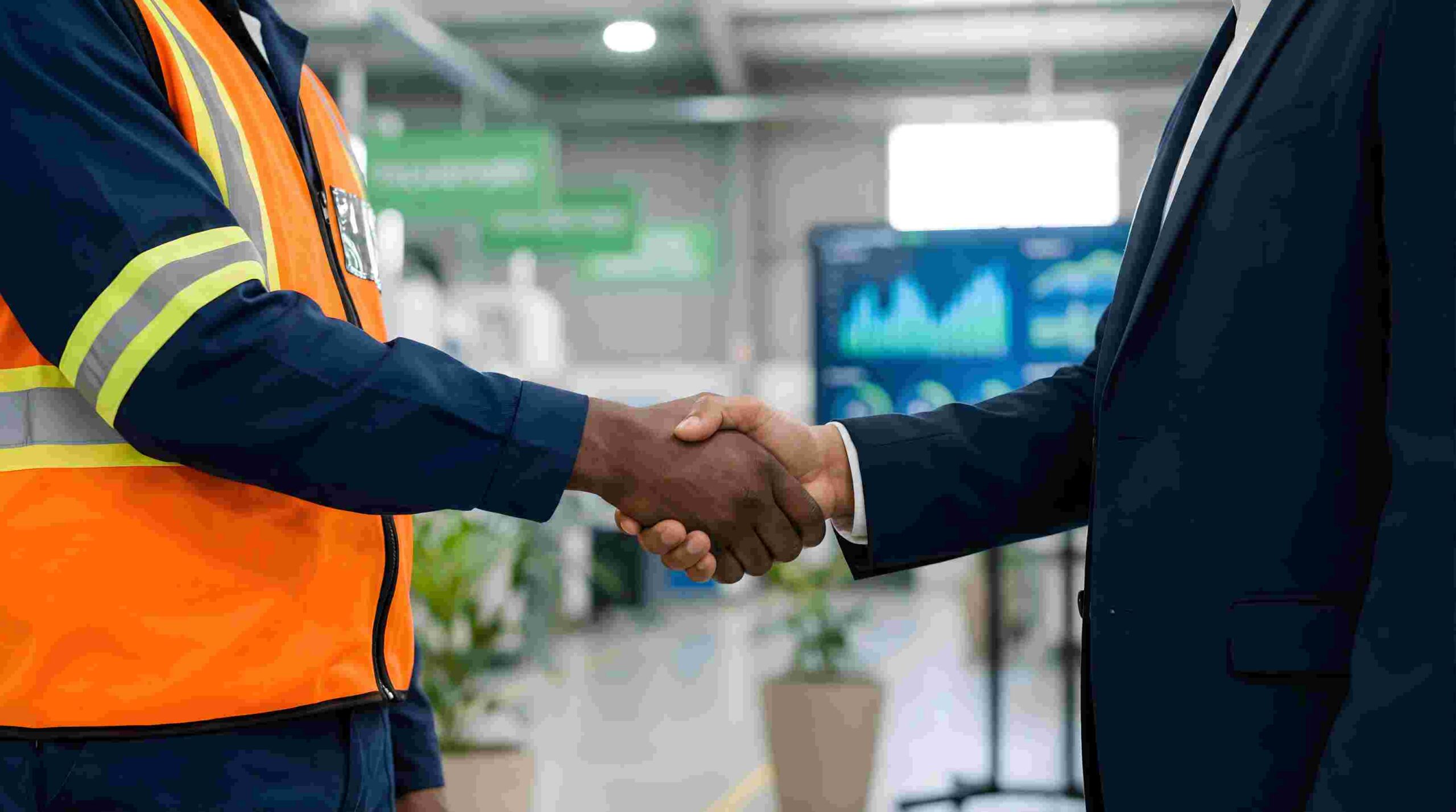 professional handshake between a manager in a suit and a factory worker in a safety vest