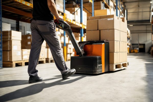 temporary employee pulling a pallet jack