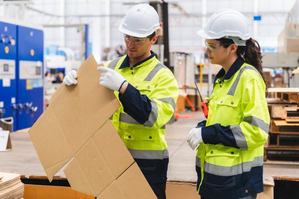 temporary staffers inspecting large pieces of cardboard
