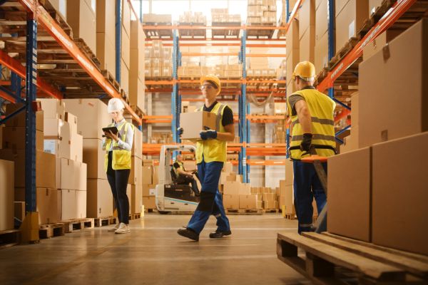 warehouse employees moving boxes of merchandise