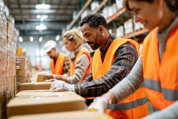 warehouse employees working on an assembly line to create kits