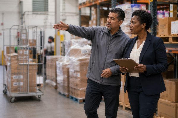 warehouse manager guiding temporary workers over logistics