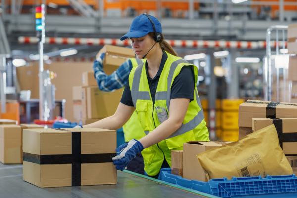warehouse worker on a specialized conveyer belt