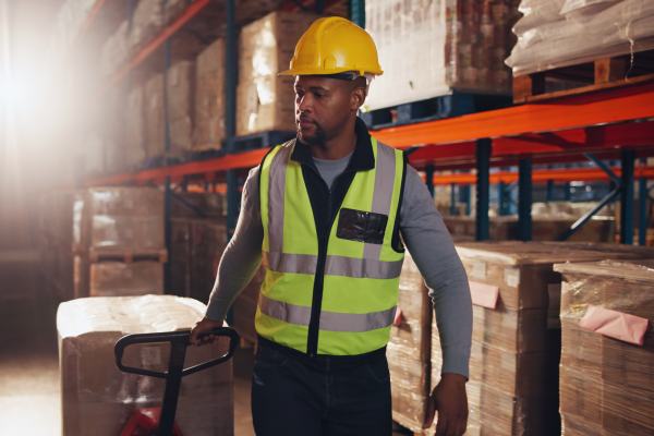 warehouse worker operating a pallet jack